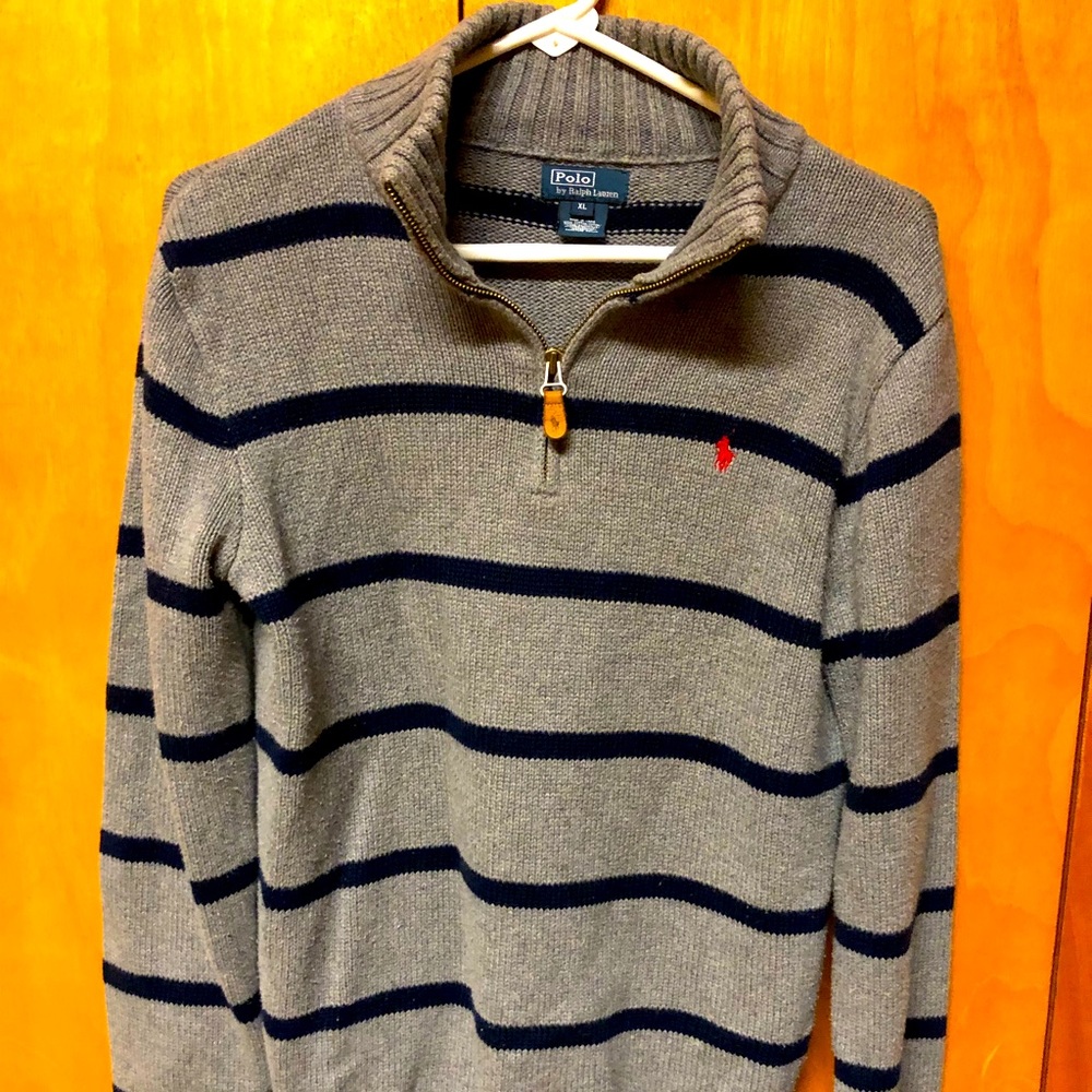 POLO RALPH LAUREN 1/4 Zip, Mock Neck Sweater, grey w/blue stripes, Kids XL 18-20